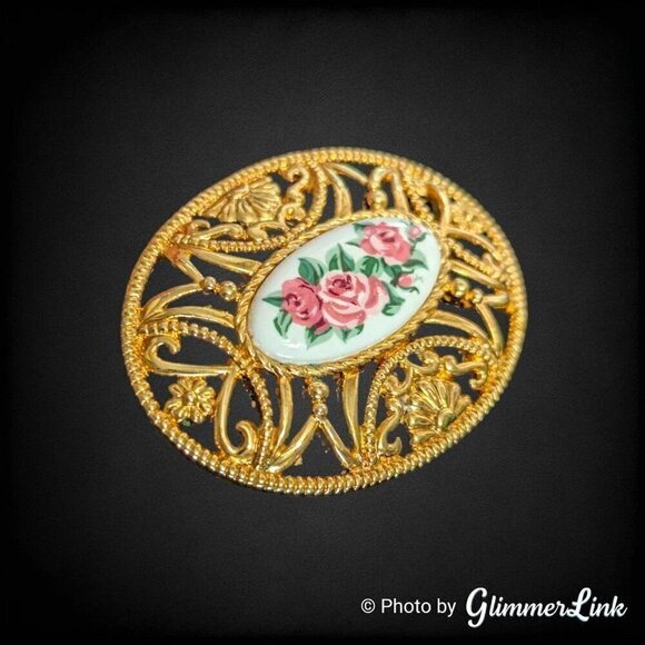 Vintage Avon Pastel Lace Floral Oval Filigree Gold Tone Brooch - Picture 2 of 6